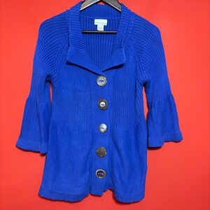Soft Surroundings Blue Cotton Button‎ Front Knit Cardigan Bell Sleeve